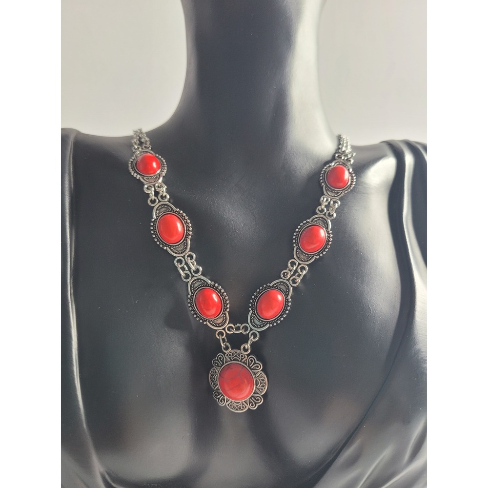 Boho Red Stone‎ Statement Necklace Silver Tone Southwestern Floral Pendant
